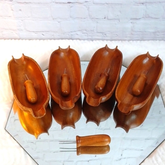 Rosa,s Hand Made Teak‎ Wood Vintage 70,s  Corn On Cob Holders 4 /W 5 Forks - Picture 3 of 5